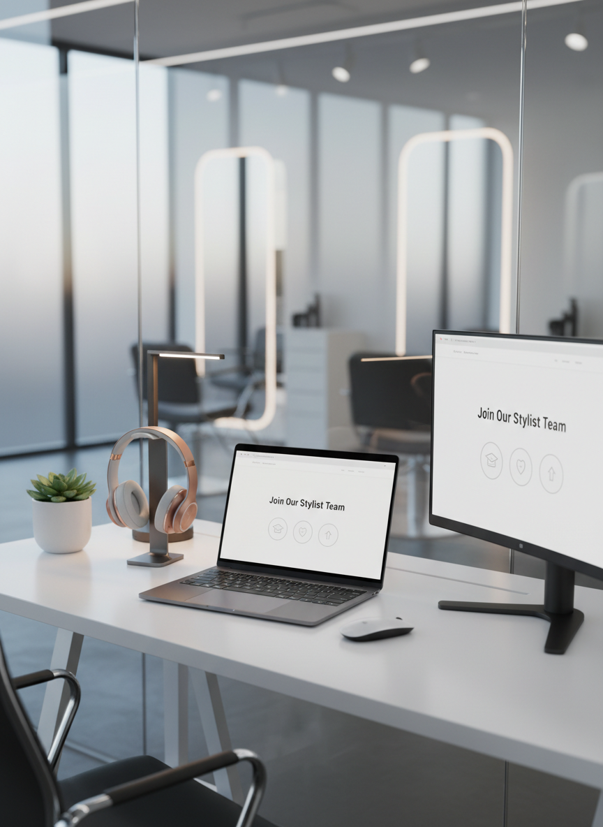 A high-end digital recruiting setup on a minimalist desk in a quiet office adjacent to a salon, with no people present. A slim laptop and a large secondary monitor both display a polished careers website homepage reading “Join Our Stylist Team,” surrounded by icons for training, benefits, and advancement. A pair of stylish, unused over-ear headphones rests neatly beside a wireless mouse, and a small, healthy potted plant adds a touch of green. Cool, diffused afternoon light from a nearby window combines with a soft desk lamp, casting delicate reflections on the metallic laptop shell. Photographic, corporate-professional aesthetic, shot from a three-quarter angle with shallow depth of field, creating an atmosphere of focused, modern recruitment and remote career discovery for stylists.