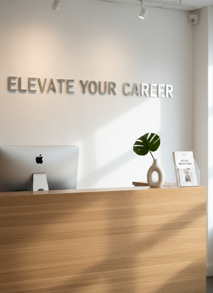 An upscale salon reception desk with no staff or clients, crafted from light oak with a smooth matte finish, set against a textured white wall featuring clean metallic lettering that reads “Elevate Your Career.” On the counter sits a sleek all-in-one computer showing a blurred careers portal, a crystal-clear brochure stand holding neatly stacked “Stylist Recruiting” pamphlets, and a single minimalist ceramic vase with a structured green leaf. Warm spotlights from above cast soft highlights and controlled shadows, while indirect natural light from the side adds a modern, welcoming glow. Photographic, clean and modern composition using the rule of thirds, with a calm, professional atmosphere that suggests a forward-thinking salon brand actively recruiting stylists.