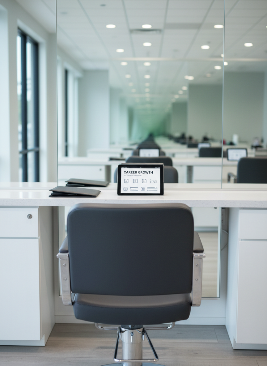 A sleek, modern salon workstation without any people, featuring an empty high-end styling chair in matte charcoal leather with chrome accents, positioned in front of a wide frameless mirror. On the minimalist white counter, closed portfolios and a tablet display a clean dashboard labeled “Career Growth” and “Stylist Opportunities.” The background shows a row of immaculate, unused styling stations fading softly out of focus. Cool daylight from large unseen windows combines with subtle recessed ceiling lights, creating crisp reflections and gentle shadows. Photographic realism with a professional, aspirational mood, shot at eye level with a shallow depth of field, emphasizing the chair and digital tools as symbols of elevating a stylist’s career path.