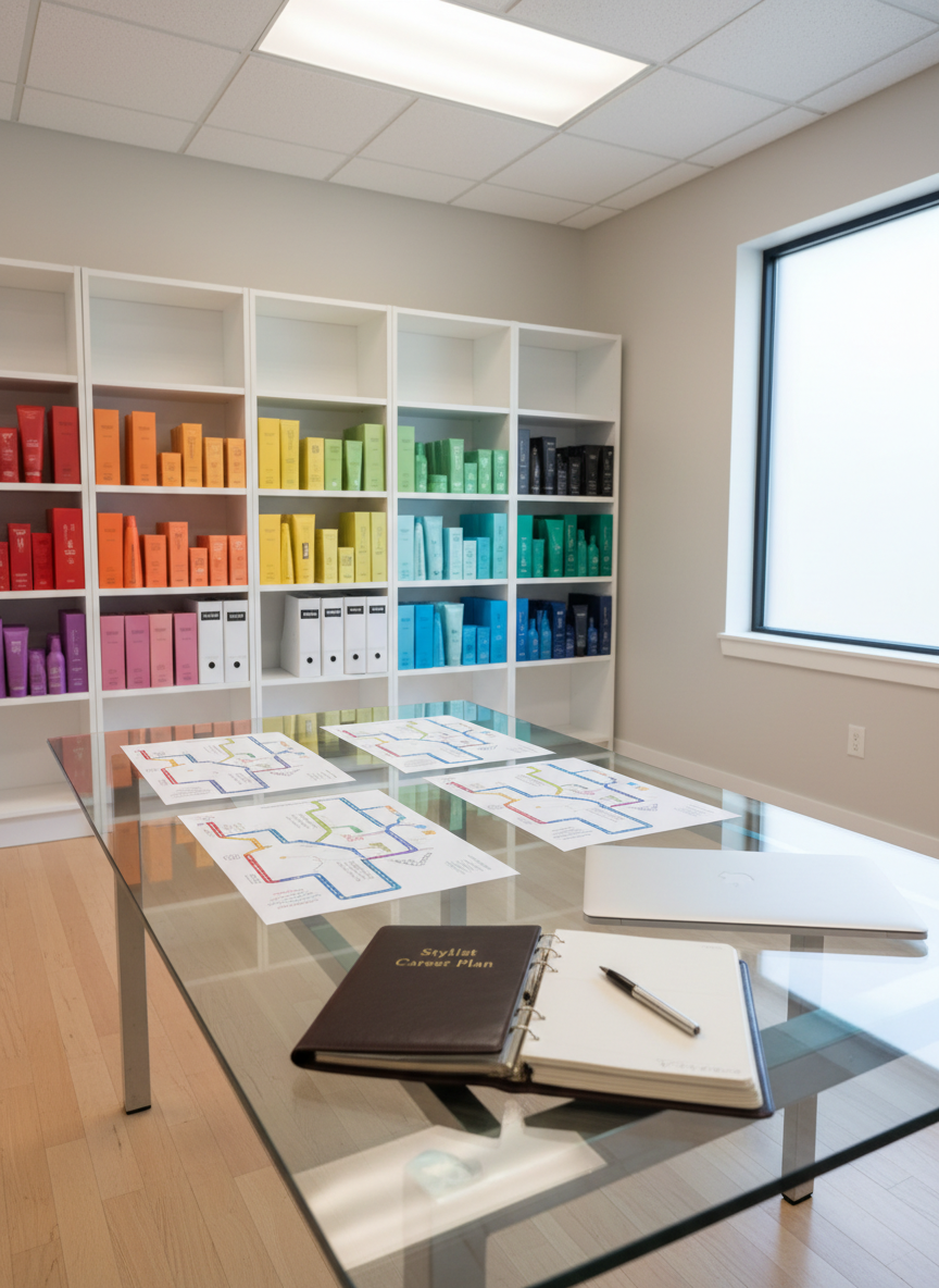A bright, professional salon backroom converted into a training and career-planning space, completely empty of people. A large glass-topped table holds neatly arranged printed career roadmaps, a closed laptop, and a metallic pen resting on a leather-bound planner embossed with “Stylist Career Plan.” Shelves in the background display unused styling products organized by color, alongside labeled binders for “Education,” “Benefits,” and “Growth.” Soft, even overhead lighting mixes with diffused daylight from a frosted window, creating a clean, focused atmosphere. Photographic realism, shot from a slightly elevated angle with sharp detail throughout, conveying structure, opportunity, and organized advancement for stylists.