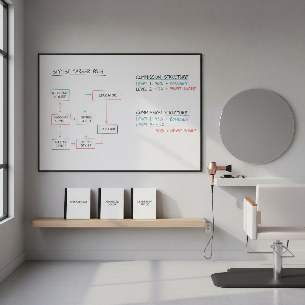 A dedicated stylist education corner inside a contemporary salon, entirely unoccupied, featuring a large wall-mounted whiteboard filled with neatly drawn diagrams of career ladders and commission structures, all written in refined, legible marker. Below, a floating shelf supports closed training manuals, each labeled “Onboarding,” “Advanced Color,” and “Leadership Track.” To the side, a pristine styling station displays unused premium tools laid out with geometric precision. Natural daylight from a tall side window creates soft, directional light and gentle shadow gradients, enhancing the texture of wood and metal surfaces. Photographic realism with an eye-level perspective and balanced composition, projecting a mood of clarity, transparency, and structured growth for stylists.